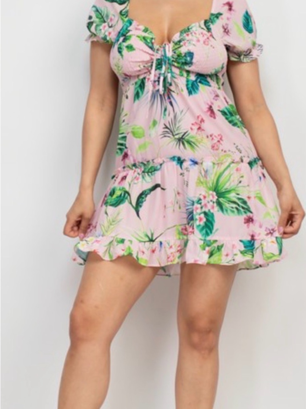 Pink Tropical Floral Babydoll Mini Dress